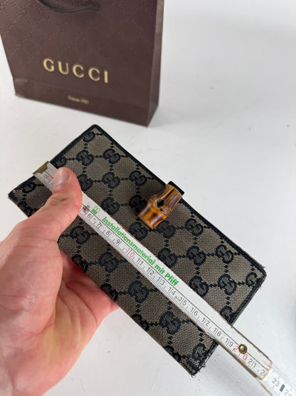 Vintage Gucci Monogram Leather Bamboo Wallet Grey Black