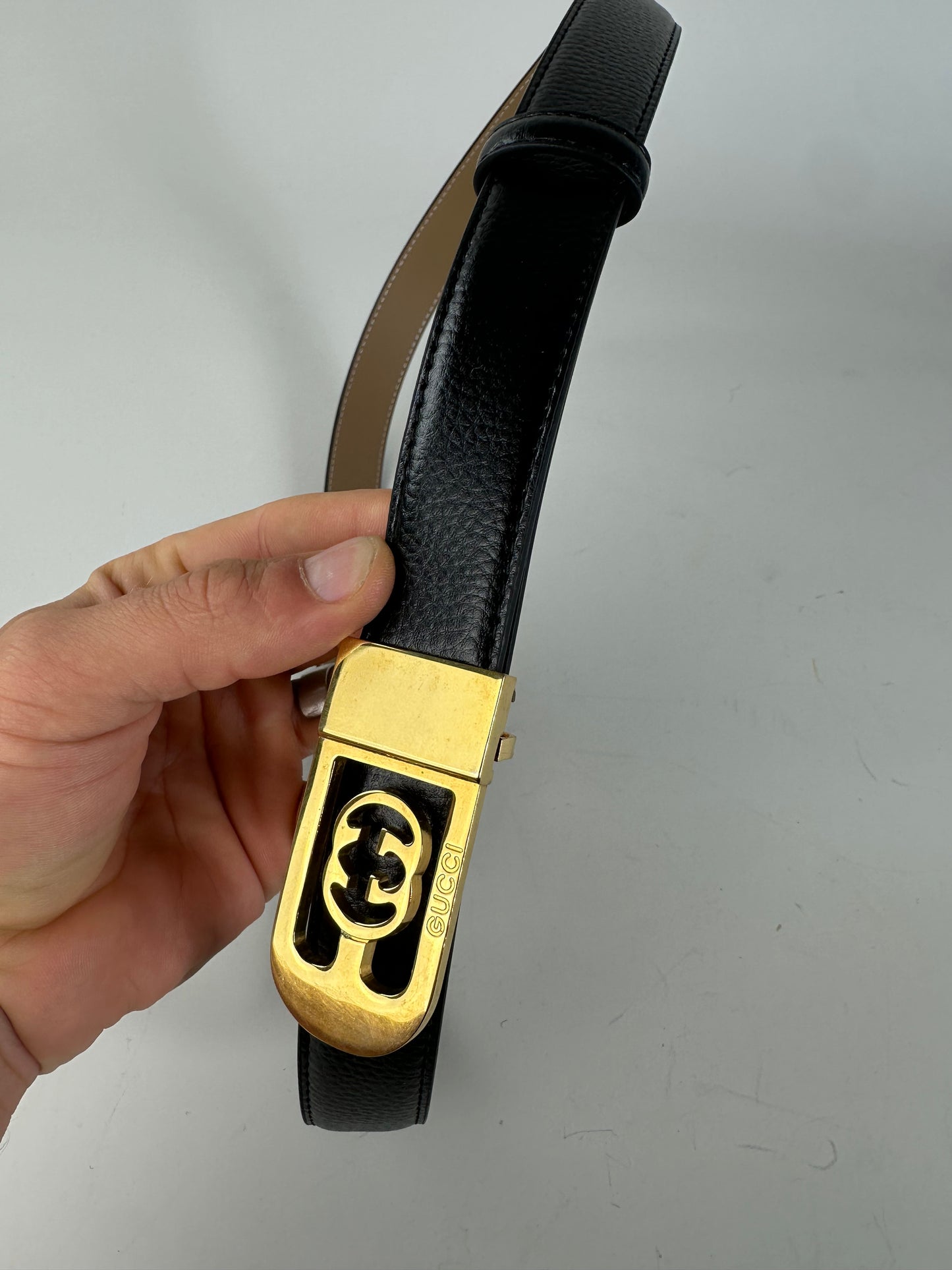 Vintage Gucci GG Logo Leather Belt Black Beige Gold