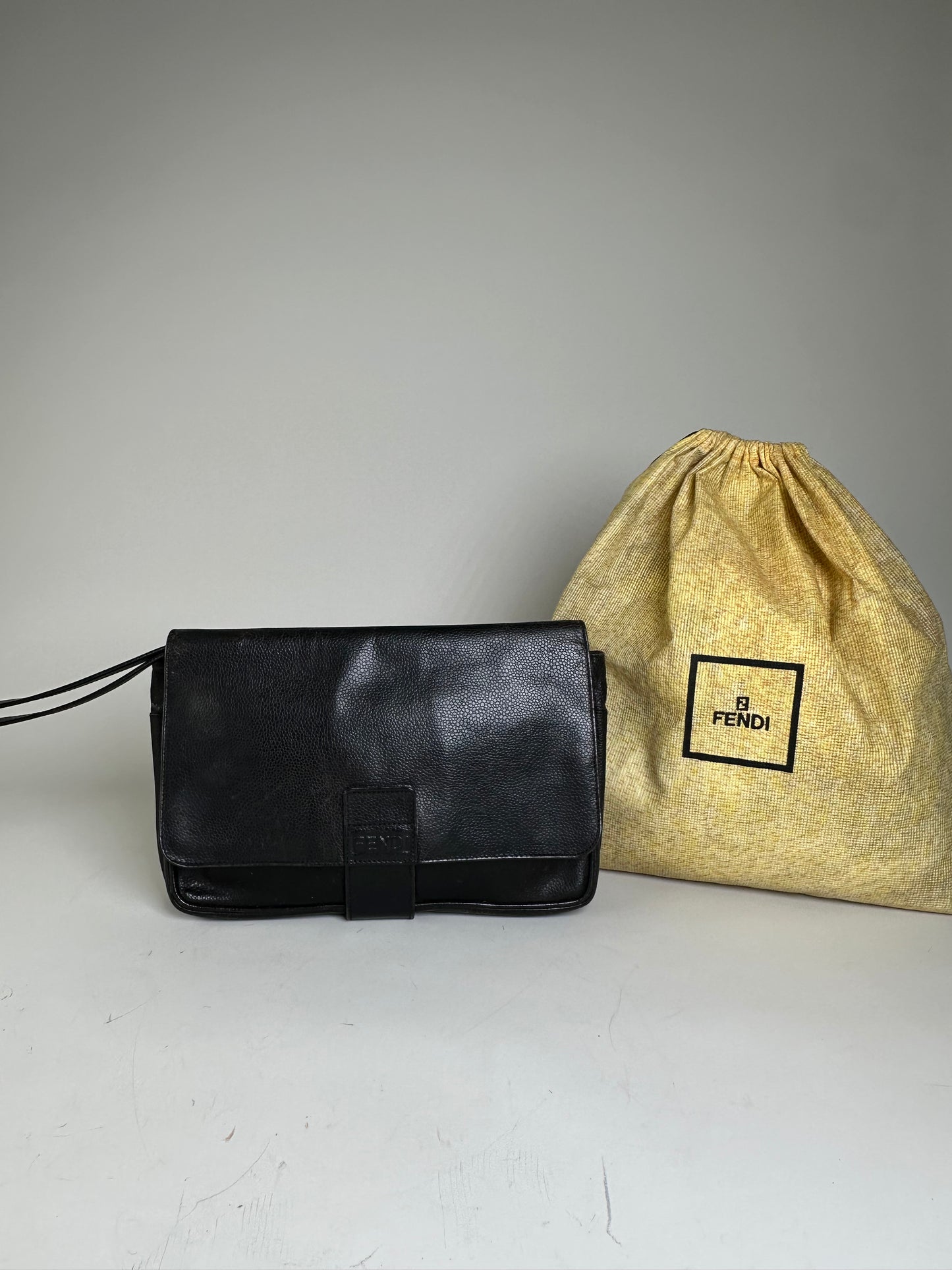 Vintage Fendi Leather Clutch Bag Black Gold
