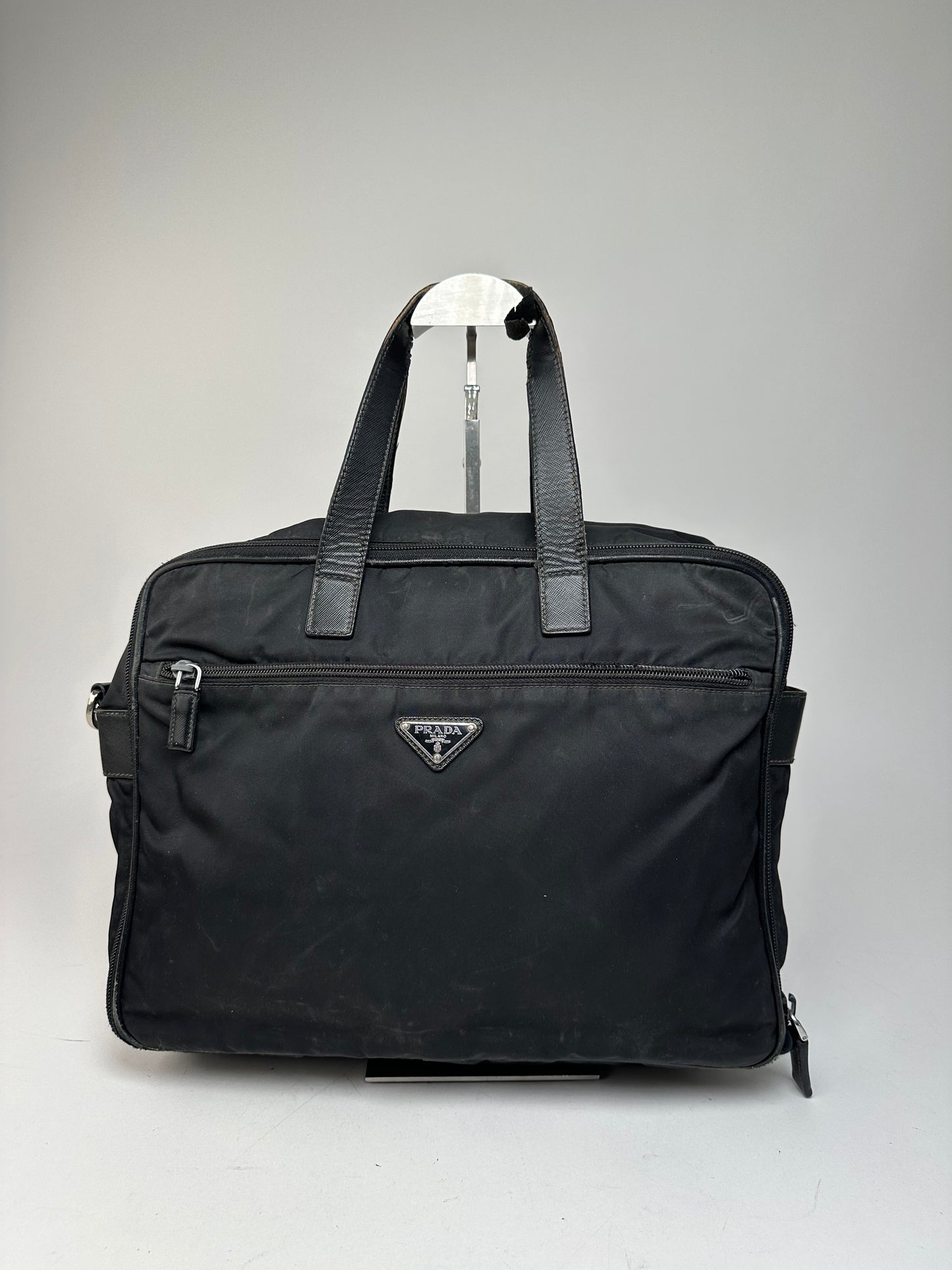 Vintage Prada Triangle Logo Polyester Travel Bag Black