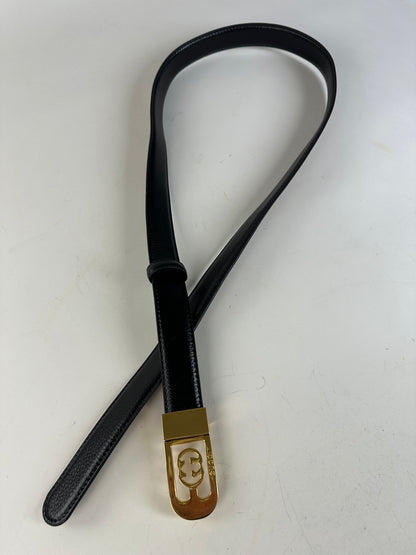 Vintage Gucci GG Logo Leather Belt Black Beige Gold