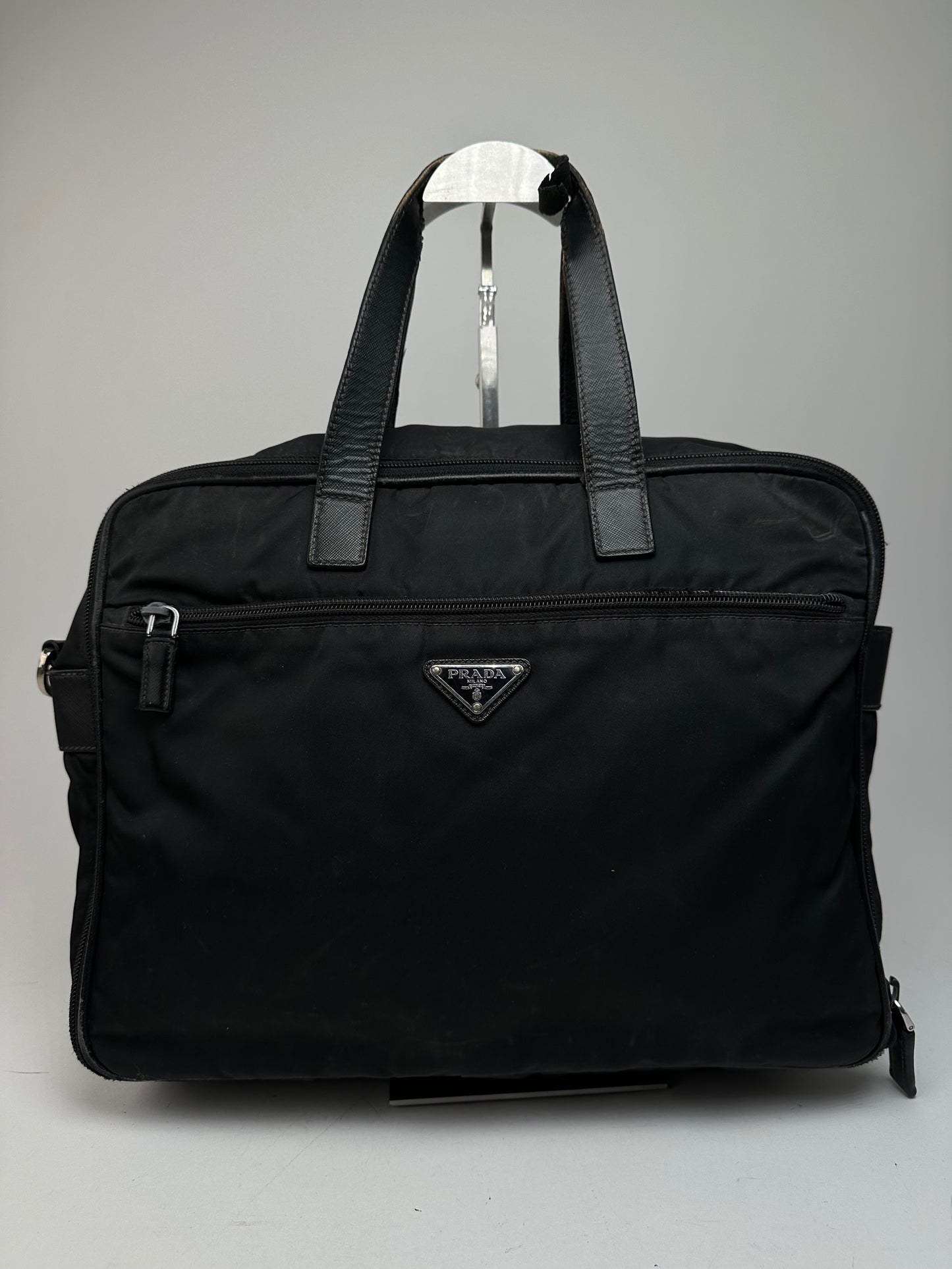 Vintage Prada Triangle Logo Polyester Travel Bag Black