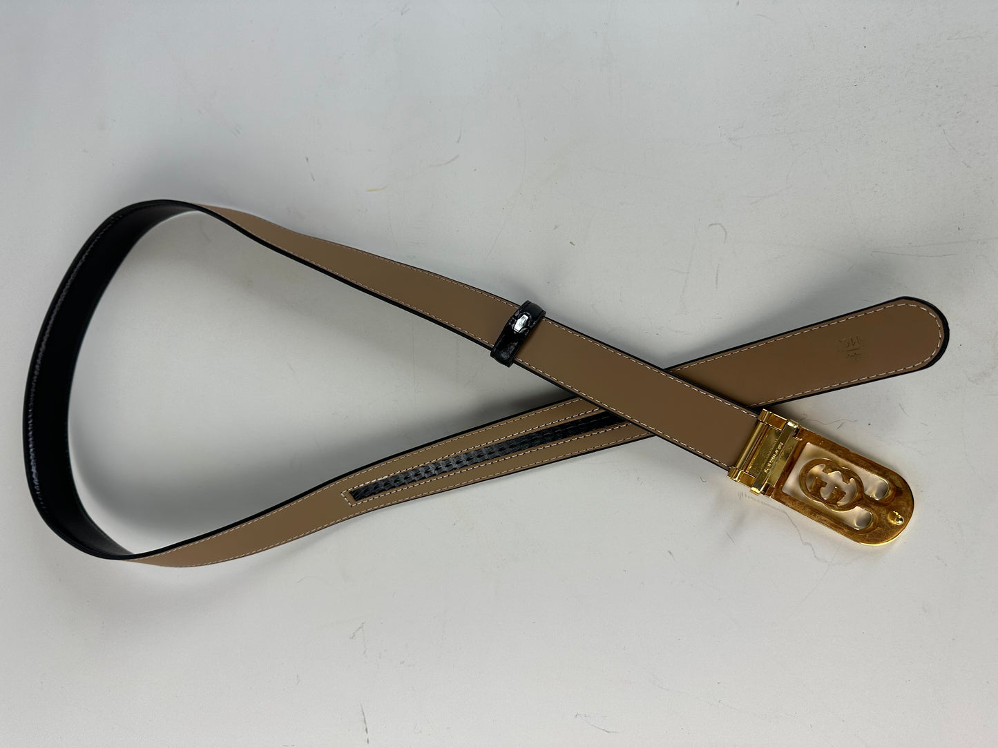 Vintage Gucci GG Logo Leather Belt Black Beige Gold