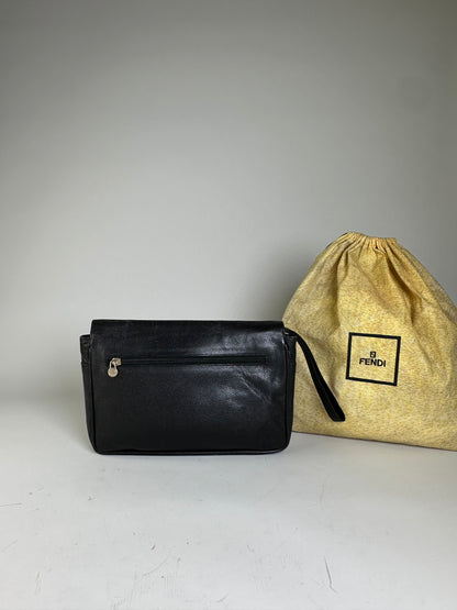 Vintage Fendi Leather Clutch Bag Black Gold