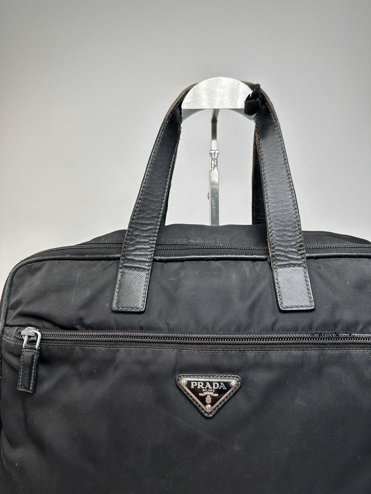 Vintage Prada Triangle Logo Polyester Travel Bag Black