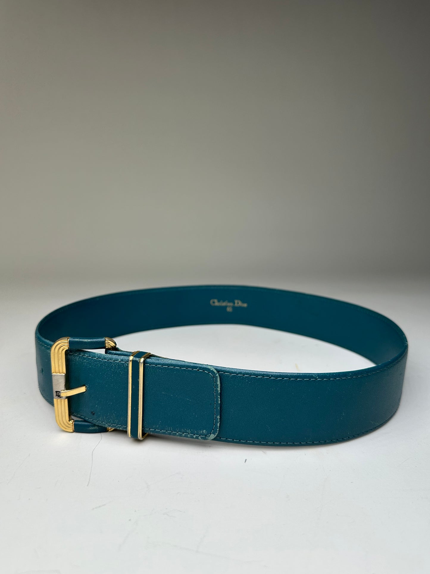 Vintage Dior Leather Belt Teal Gold Buckle
