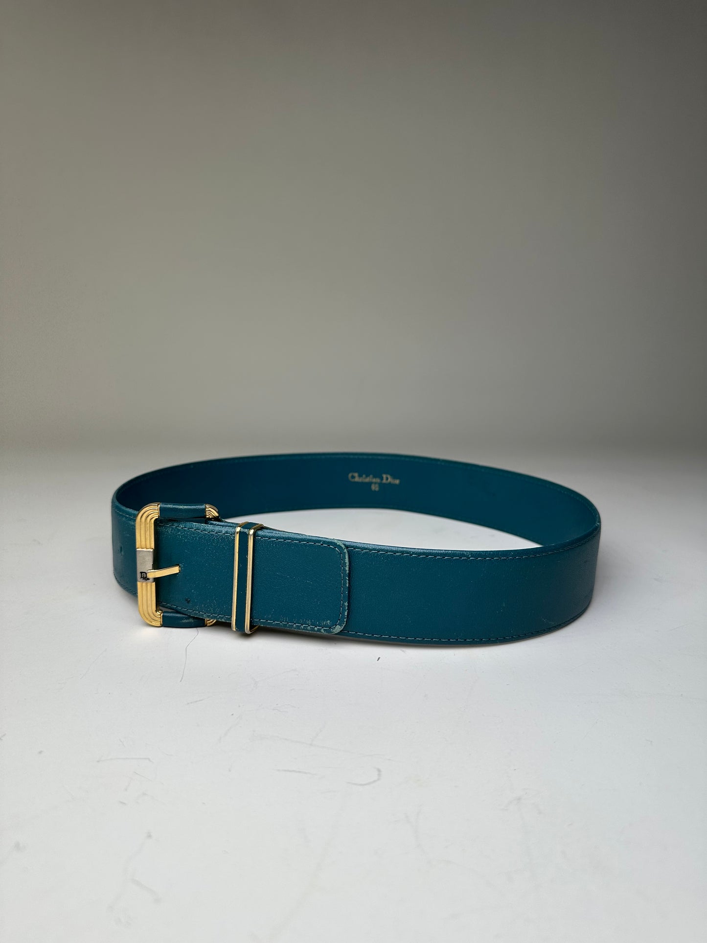 Vintage Dior Leather Belt Teal Gold Buckle
