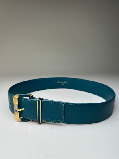 Vintage Dior Leather Belt Teal Gold Buckle