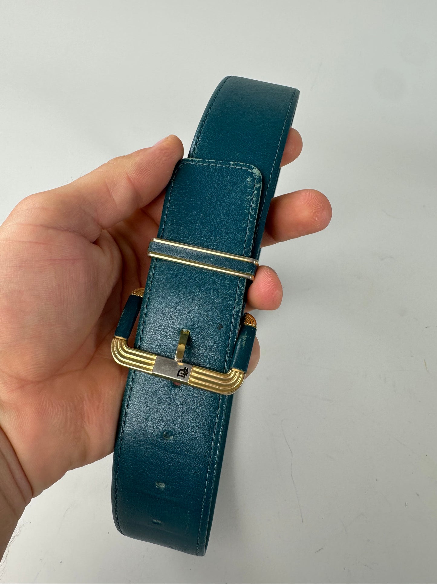Vintage Dior Leather Belt Teal Gold Buckle