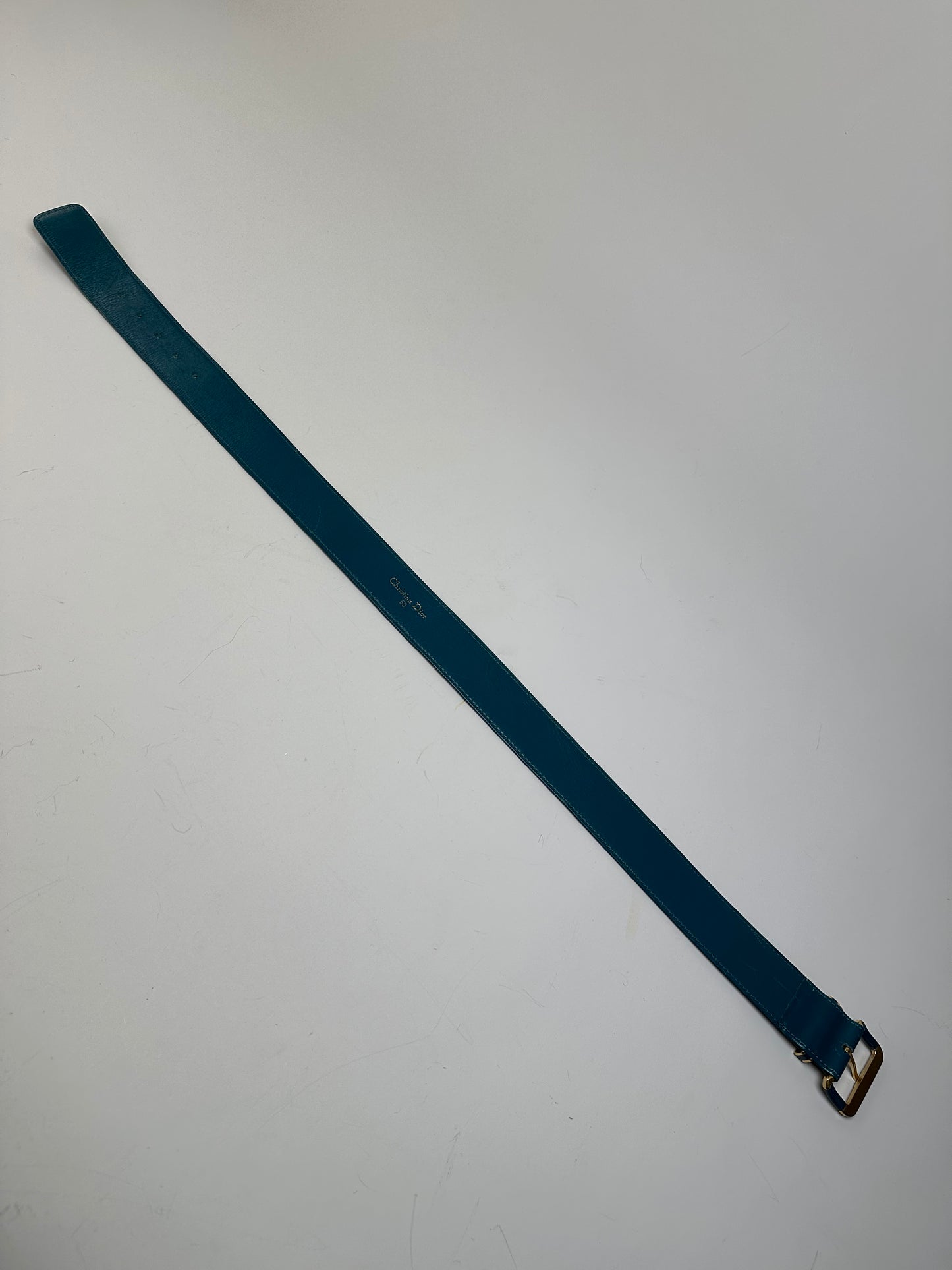 Vintage Dior Leather Belt Teal Gold Buckle