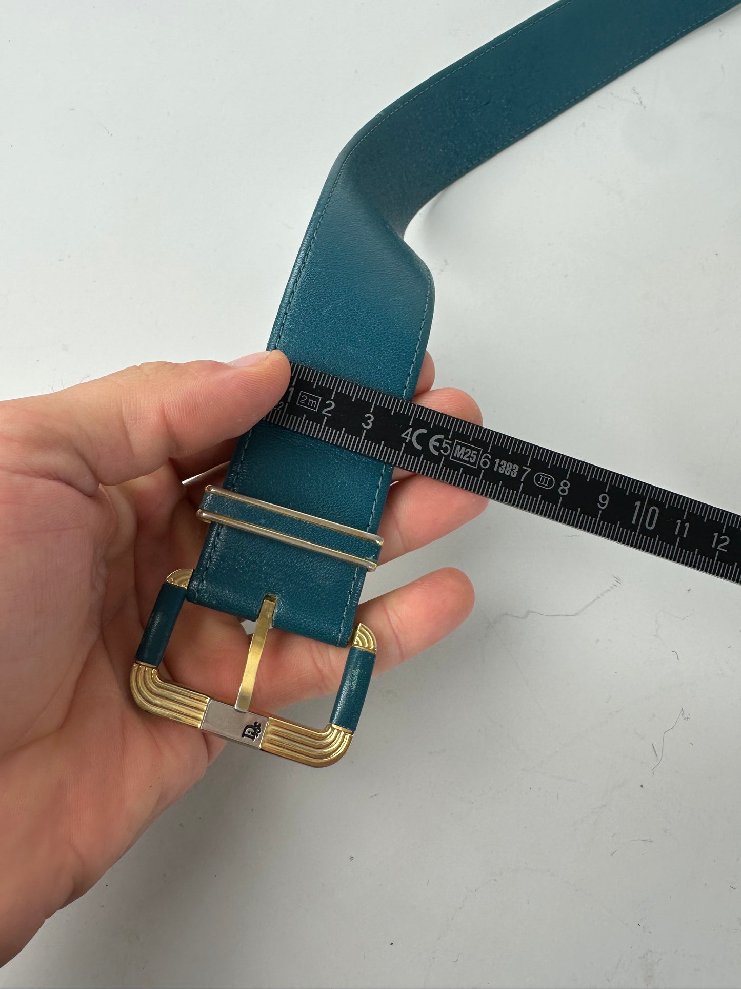 Vintage Dior Leather Belt Teal Gold Buckle