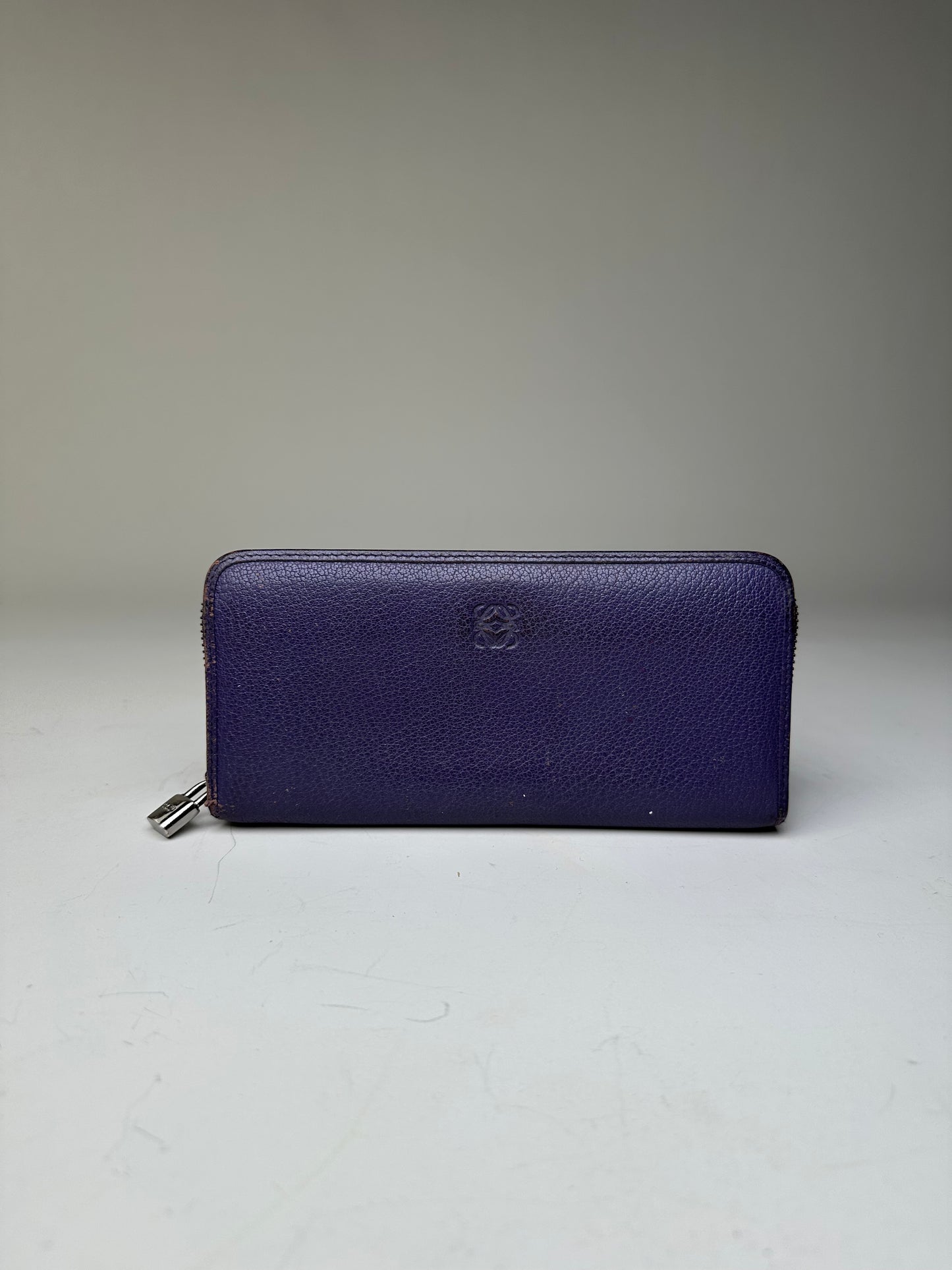 Vintage Loewe Grained Leather Zip Wallet Purple Silver
