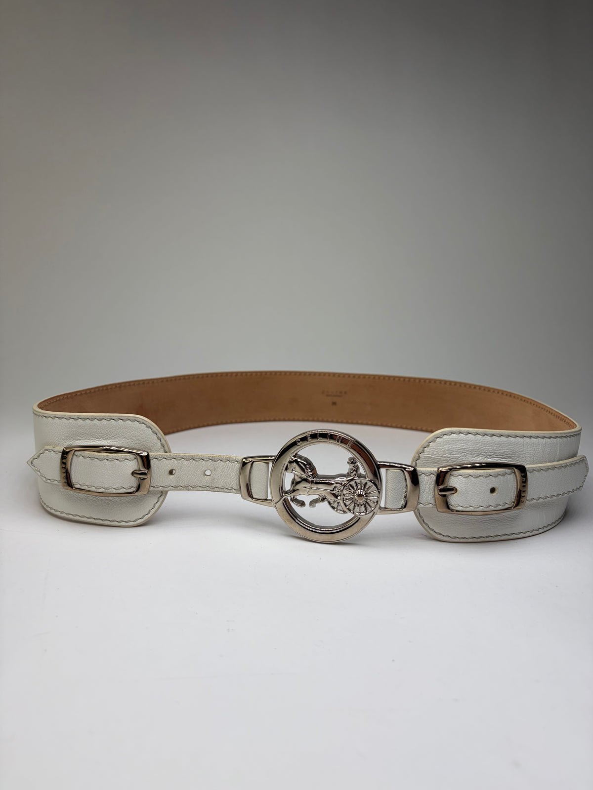 Vintage Celine Leather Sulky Buckle Belt Late 1970s–1990s White Silver