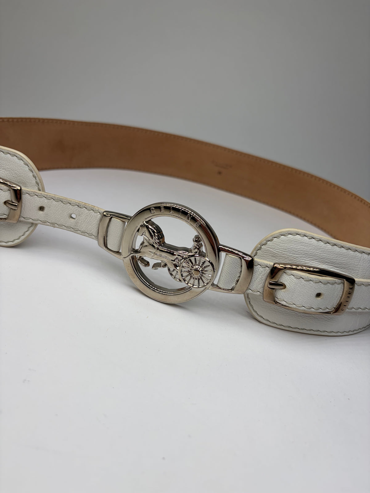 Vintage Celine Leather Sulky Buckle Belt Late 1970s–1990s White Silver