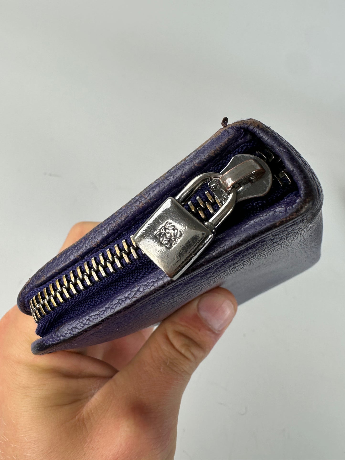 Vintage Loewe Grained Leather Zip Wallet Purple Silver