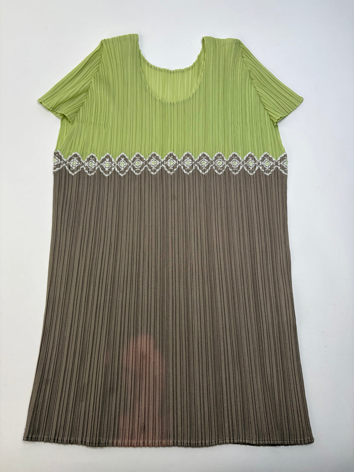 Vintage Issey Miyake Pleated Short Sleeve Top Light Green Taupe M