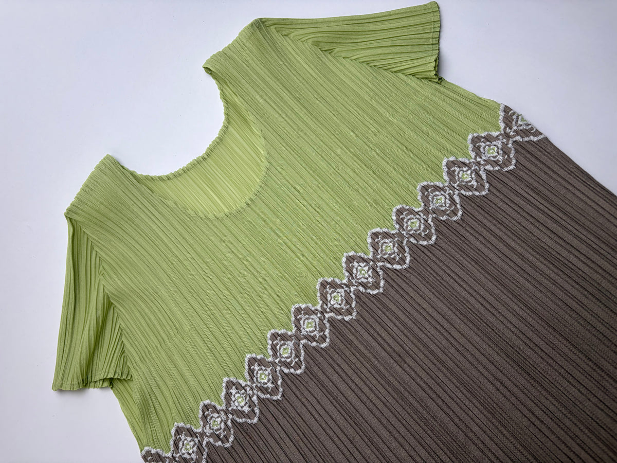 Vintage Issey Miyake Pleated Short Sleeve Top Light Green Taupe M