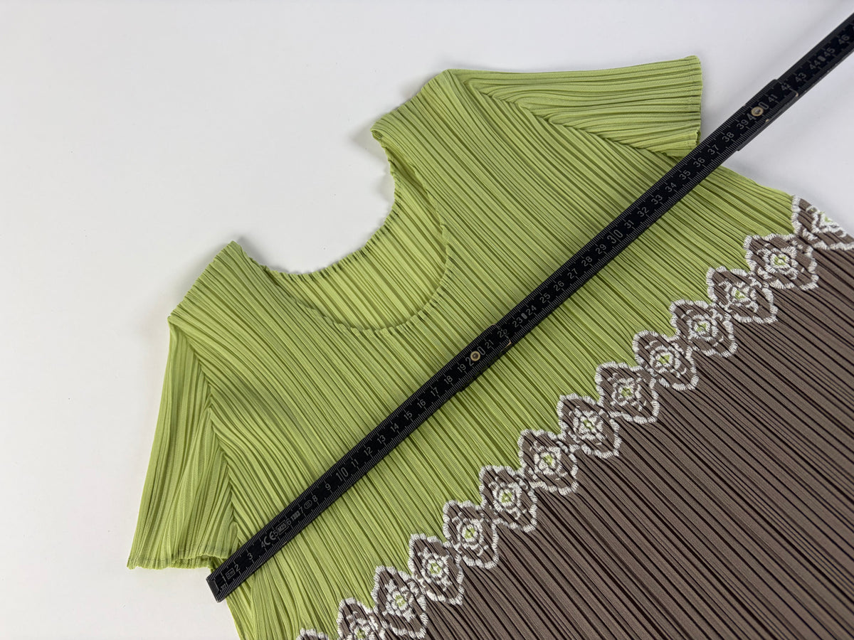 Vintage Issey Miyake Pleated Short Sleeve Top Light Green Taupe M