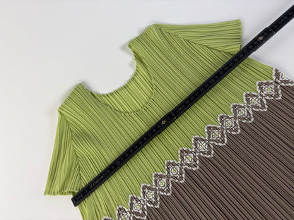 Vintage Issey Miyake Pleated Short Sleeve Top Light Green Taupe M