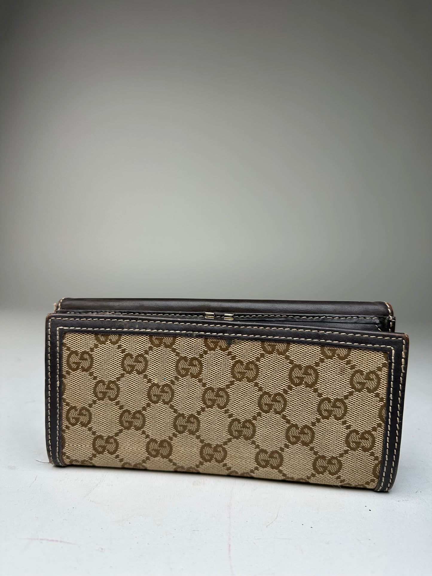 Vintage Gucci GG Monogram Canvas Leather Long Wallet Beige Brown