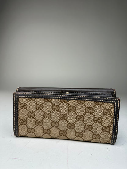 Vintage Gucci GG Monogram Canvas Leather Long Wallet Beige Brown