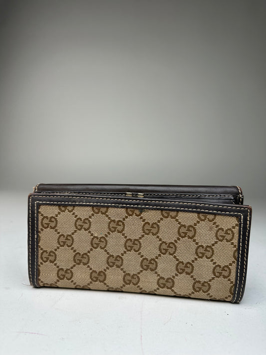 Vintage Gucci GG Monogram Canvas Leather Long Wallet Beige Brown