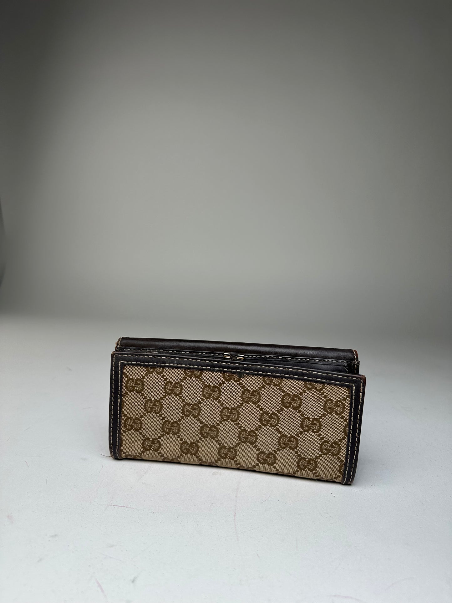 Vintage Gucci GG Monogram Canvas Leather Long Wallet Beige Brown