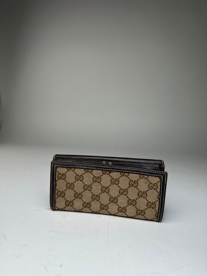 Vintage Gucci GG Monogram Canvas Leather Long Wallet Beige Brown