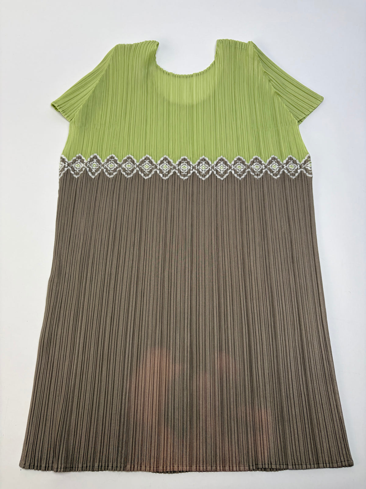 Vintage Issey Miyake Pleated Short Sleeve Top Light Green Taupe M