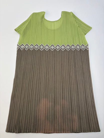 Vintage Issey Miyake Pleated Short Sleeve Top Light Green Taupe M