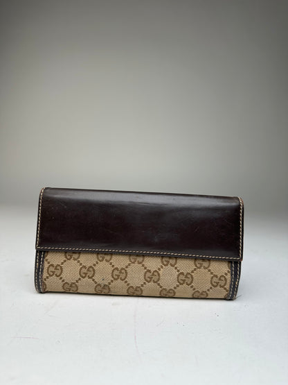 Vintage Gucci GG Monogram Canvas Leather Long Wallet Beige Brown
