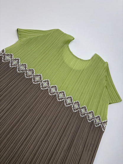 Vintage Issey Miyake Pleated Short Sleeve Top Light Green Taupe M
