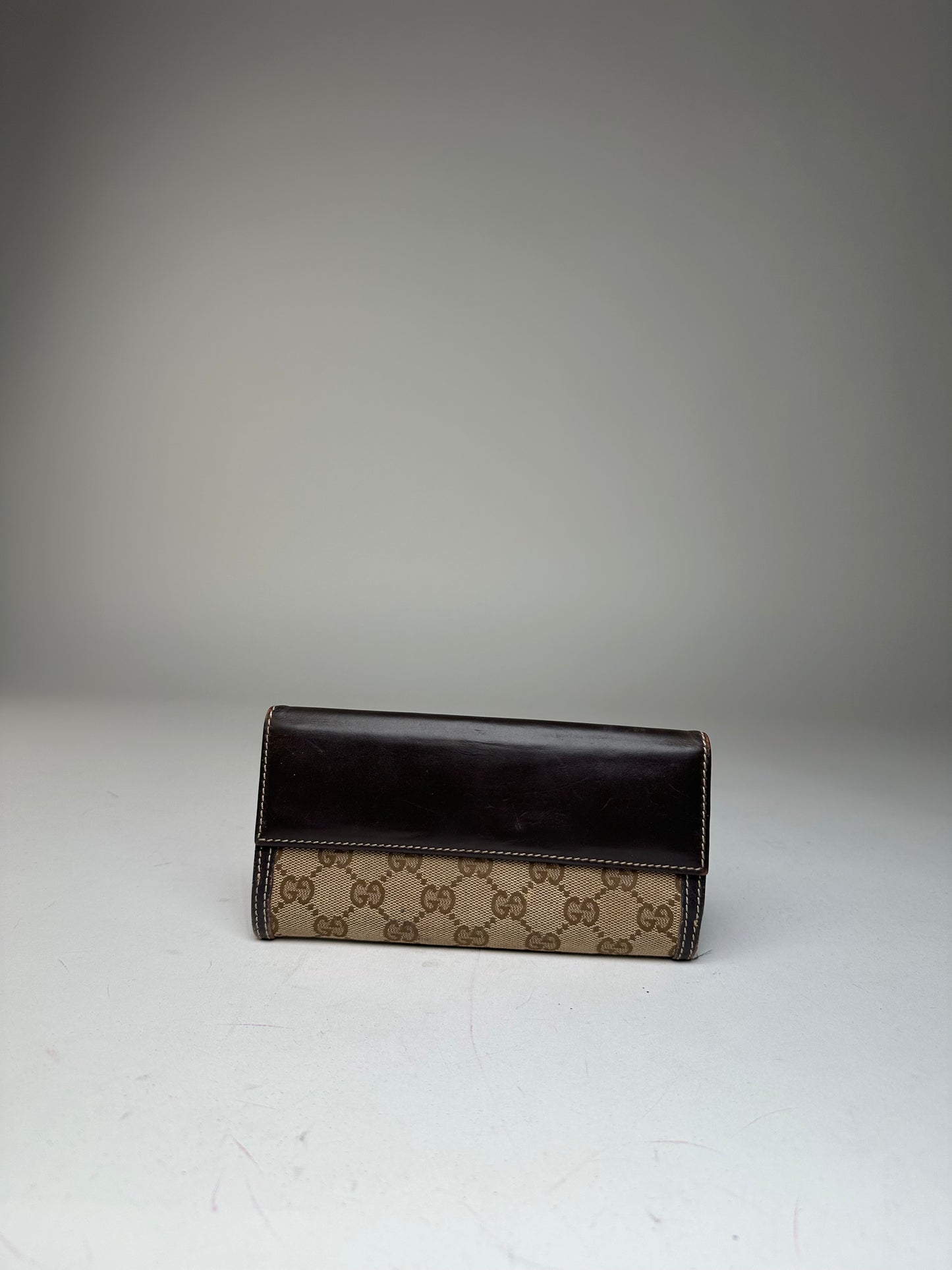 Vintage Gucci GG Monogram Canvas Leather Long Wallet Beige Brown