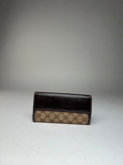 Vintage Gucci GG Monogram Canvas Leather Long Wallet Beige Brown