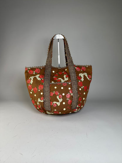 Vintage Pucci Rose Print Polka Dot Fabric Tote Brown Red