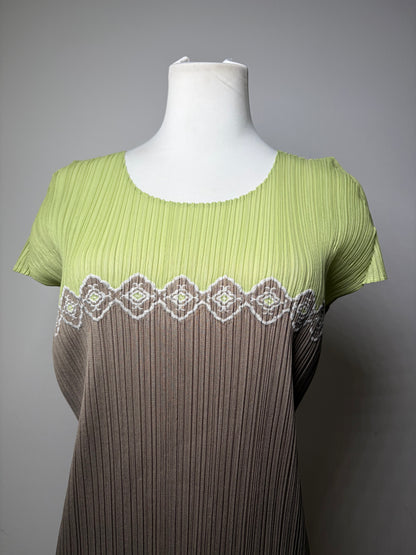 Vintage Issey Miyake Pleated Short Sleeve Top Light Green Taupe M