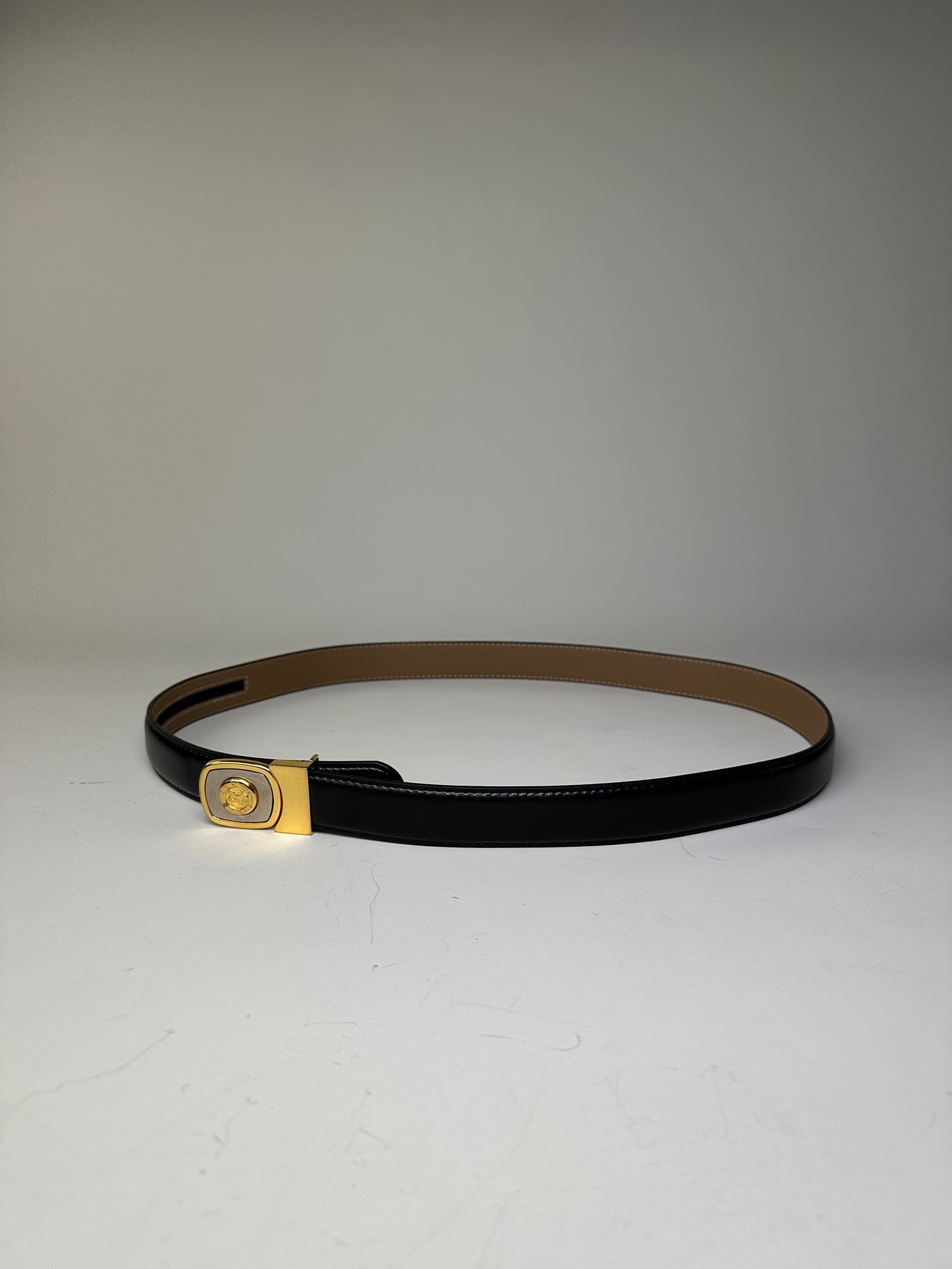 Vintage Celine Medusa Head Leather Belt Black Tan Gold