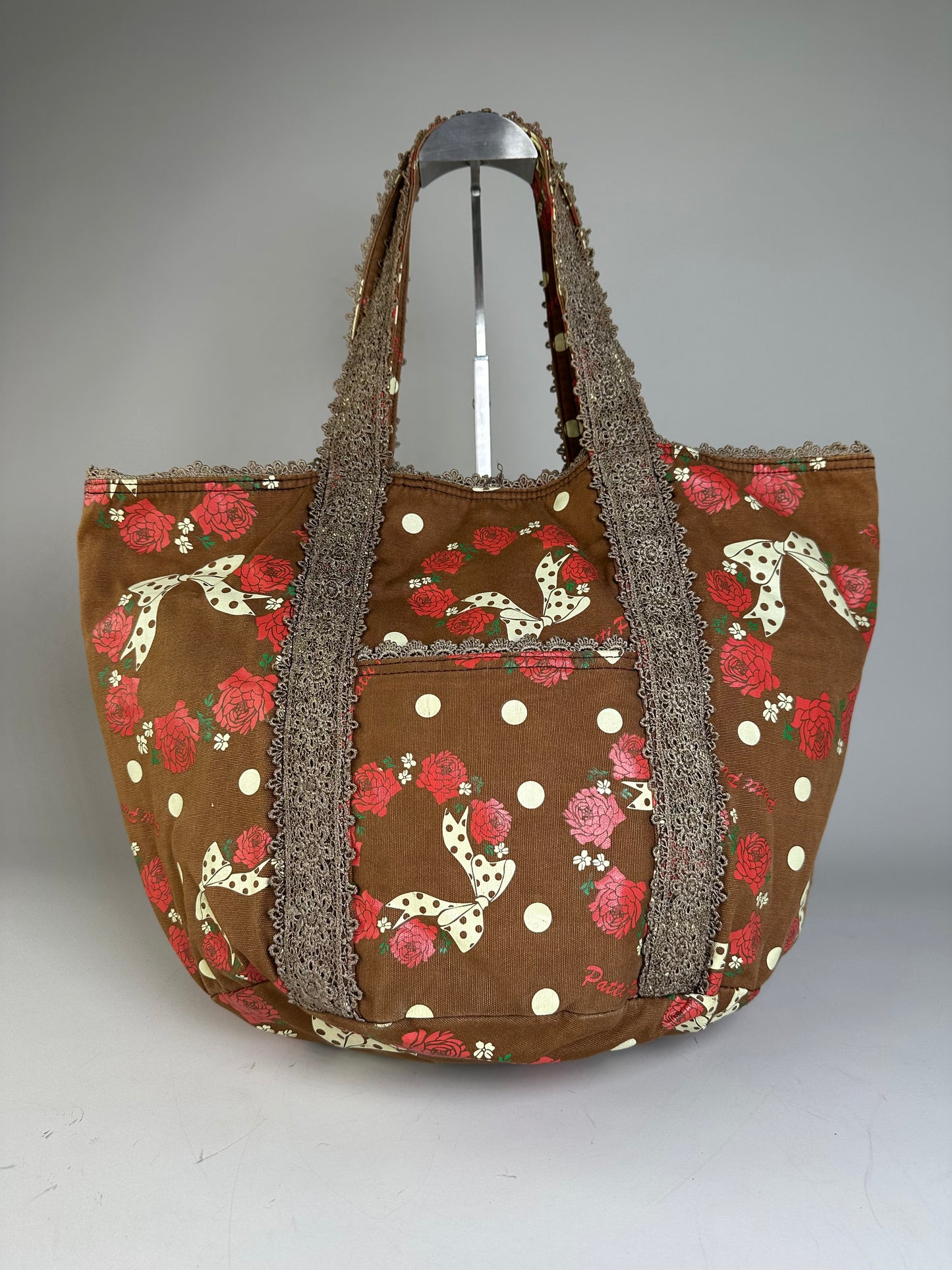 Vintage Pucci Rose Print Polka Dot Fabric Tote Brown Red