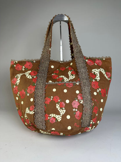 Vintage Pucci Rose Print Polka Dot Fabric Tote Brown Red