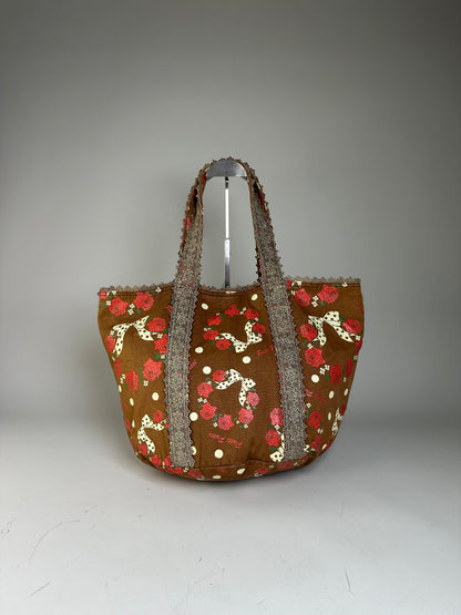Vintage Pucci Rose Print Polka Dot Fabric Tote Brown Red