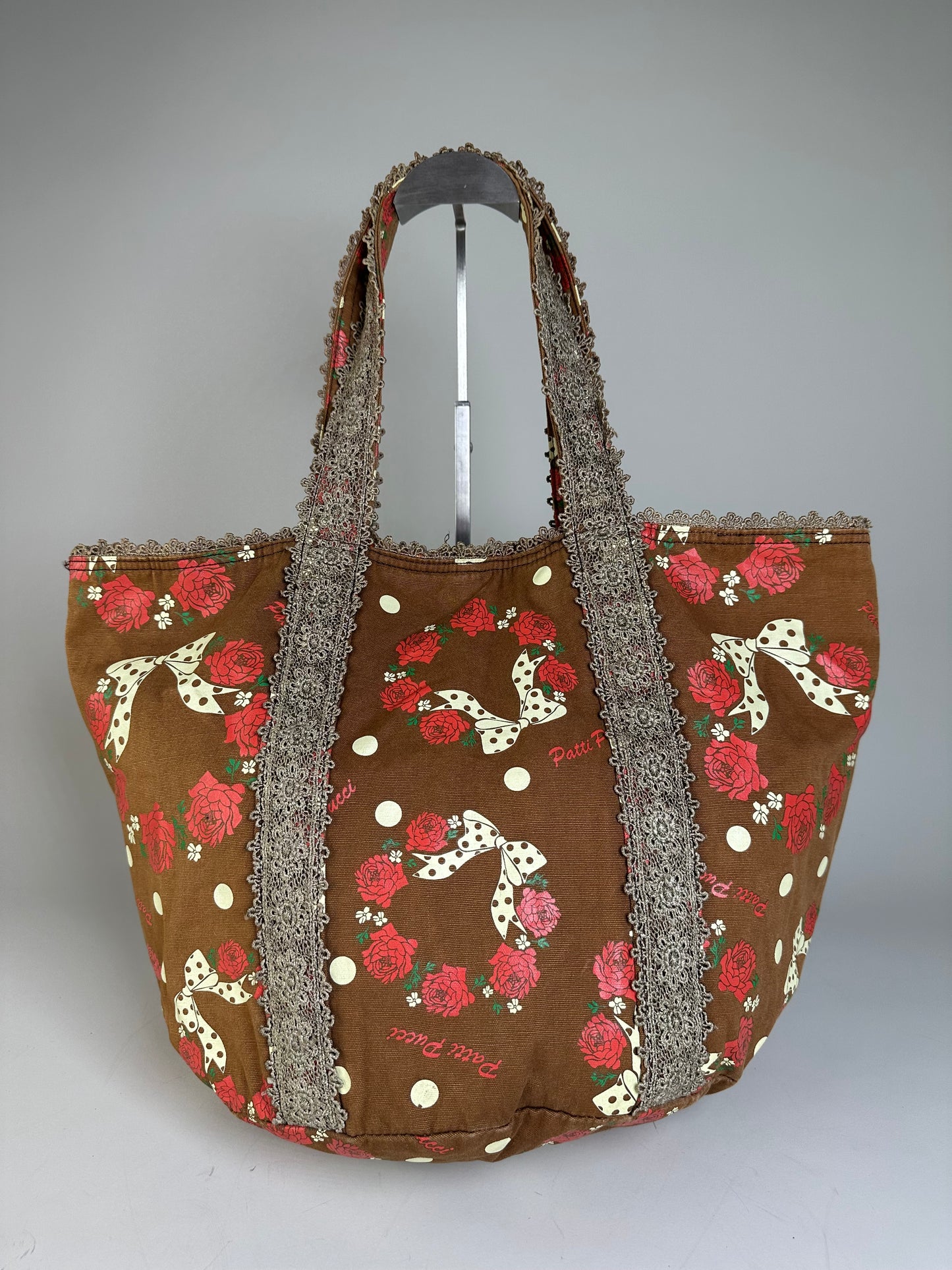 Vintage Pucci Rose Print Polka Dot Fabric Tote Brown Red