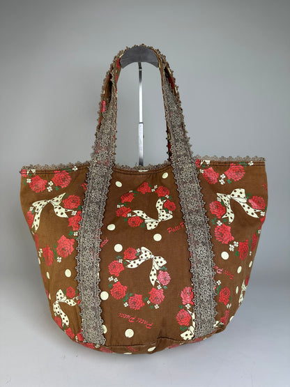 Vintage Pucci Rose Print Polka Dot Fabric Tote Brown Red