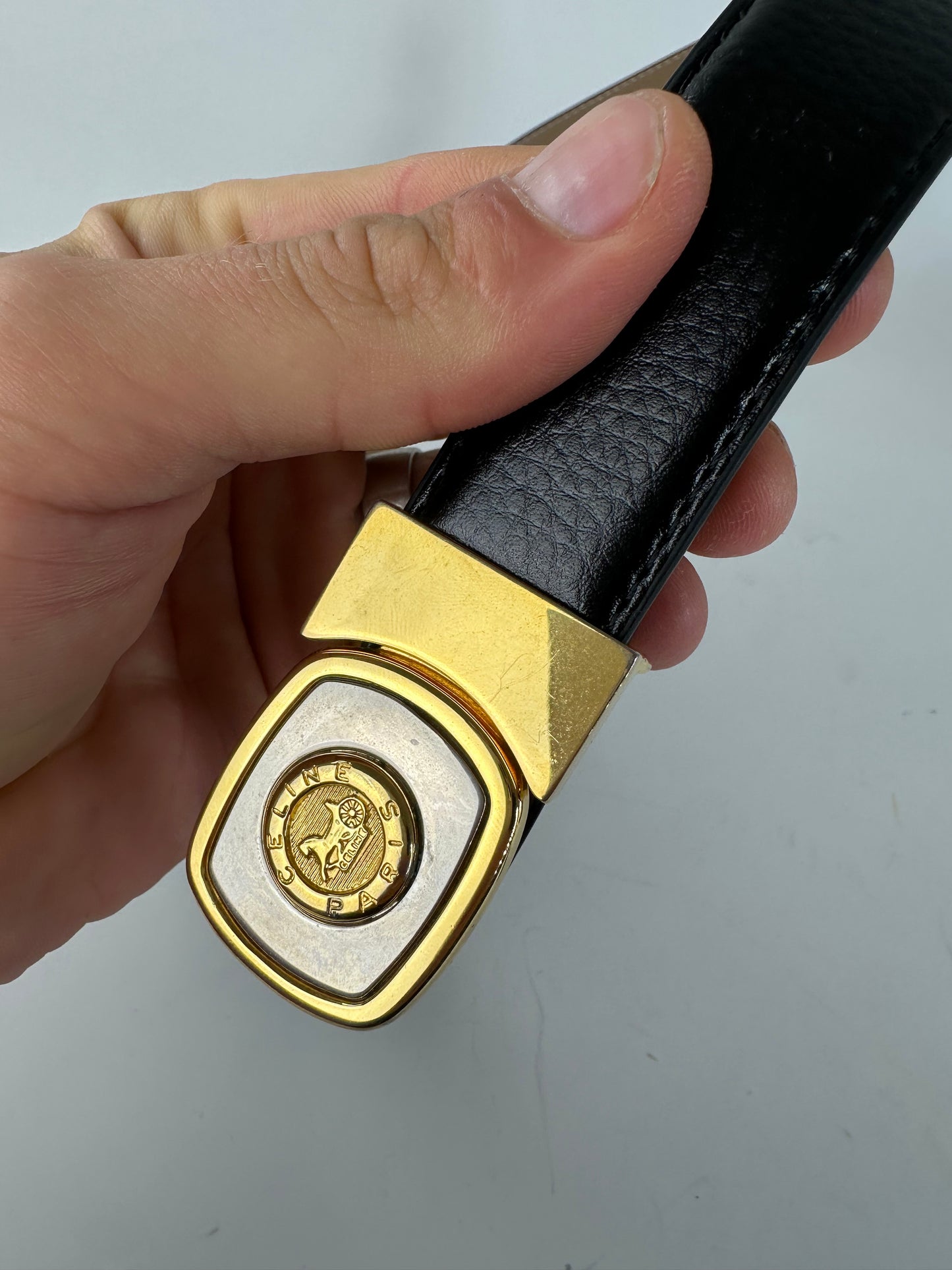 Vintage Celine Medusa Head Leather Belt Black Tan Gold