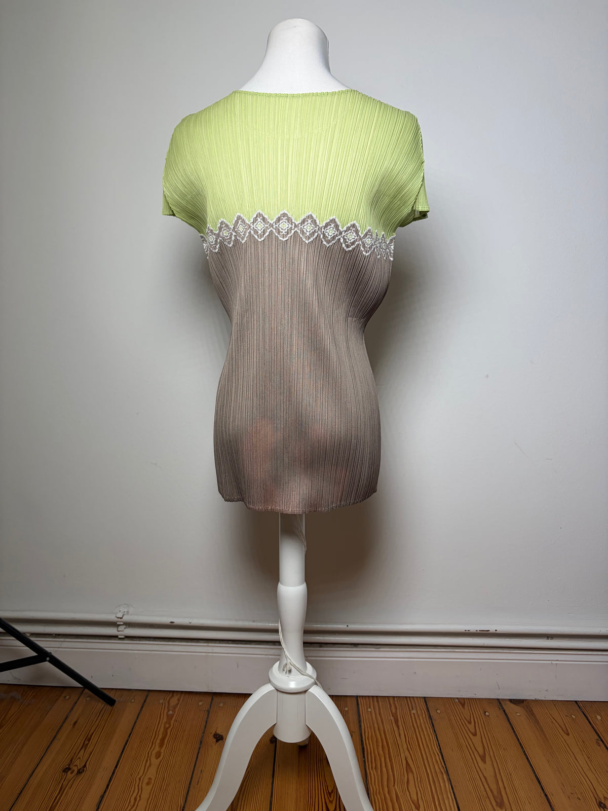 Vintage Issey Miyake Pleated Short Sleeve Top Light Green Taupe M