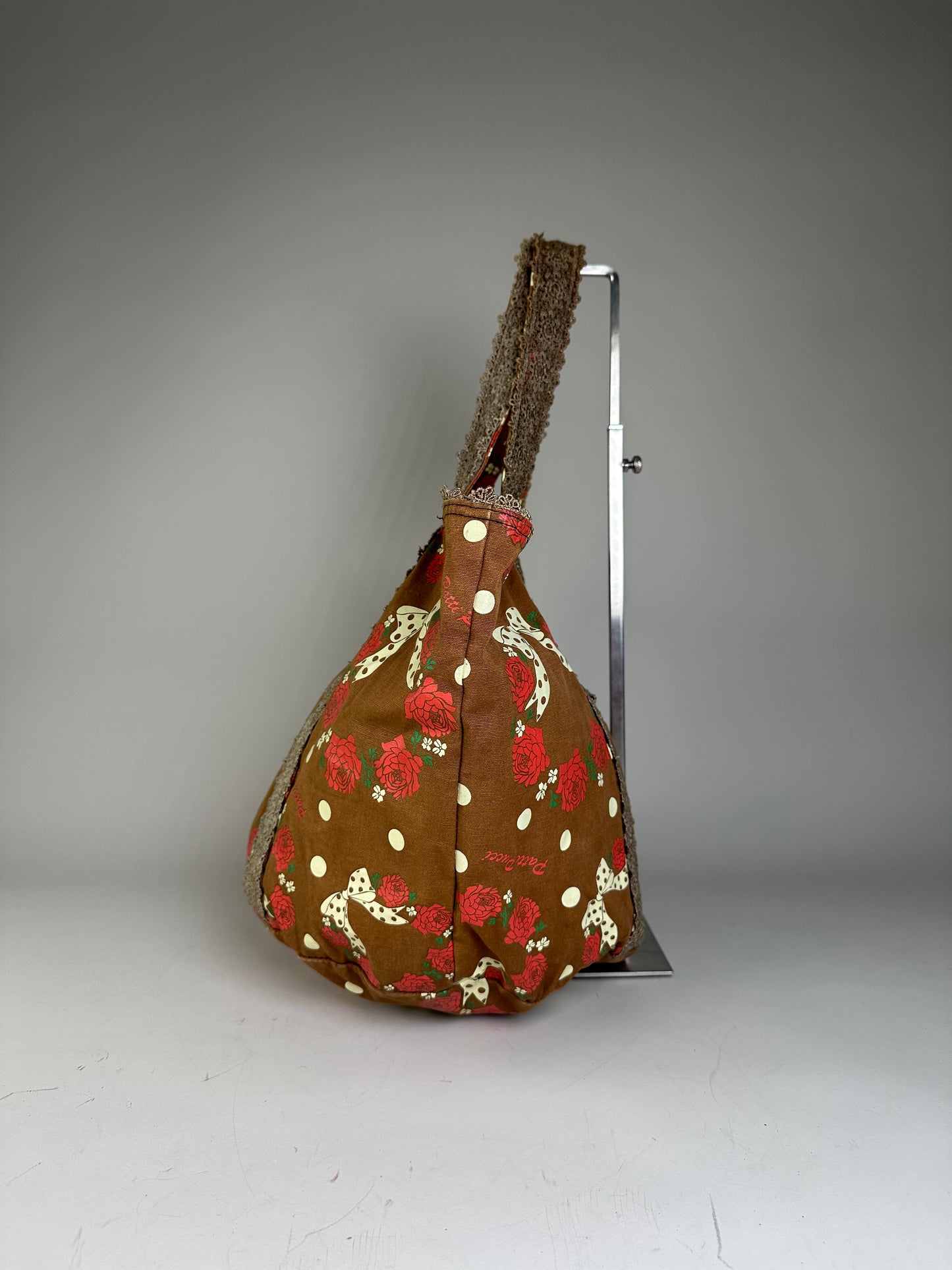 Vintage Pucci Rose Print Polka Dot Fabric Tote Brown Red