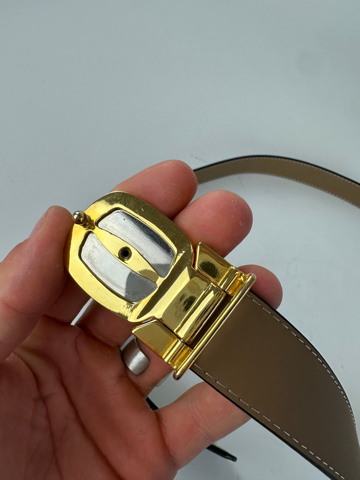 Vintage Celine Medusa Head Leather Belt Black Tan Gold
