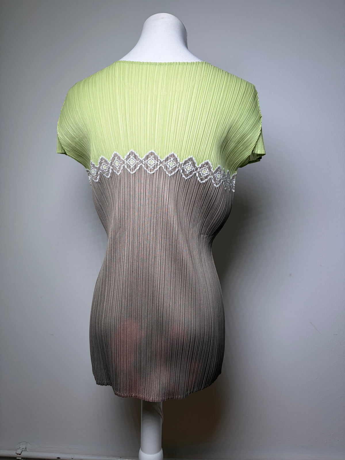 Vintage Issey Miyake Pleated Short Sleeve Top Light Green Taupe M