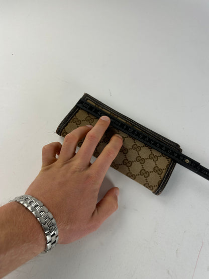 Vintage Gucci GG Monogram Canvas Leather Long Wallet Beige Brown
