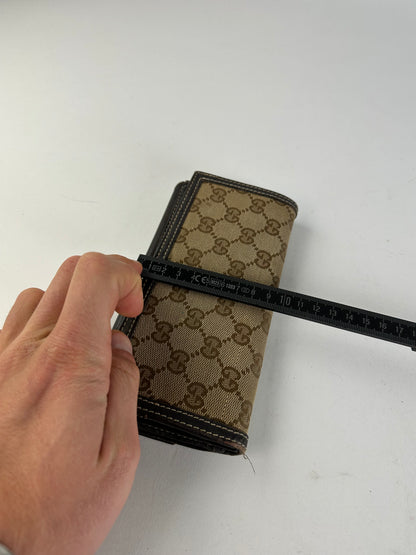 Vintage Gucci GG Monogram Canvas Leather Long Wallet Beige Brown
