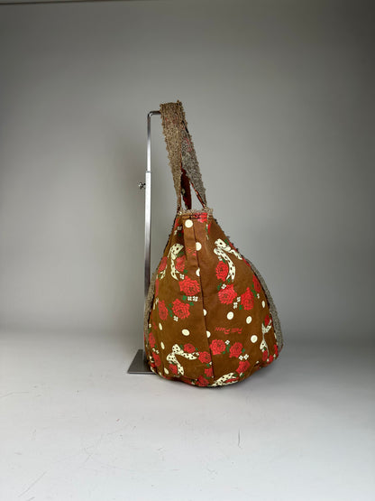Vintage Pucci Rose Print Polka Dot Fabric Tote Brown Red